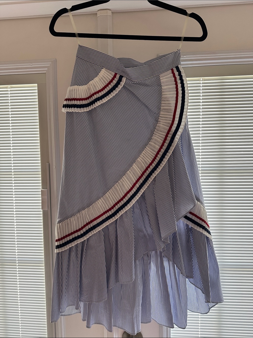 BURU Striped Ruffle Midi Skirt in Blue and White XS new without tag